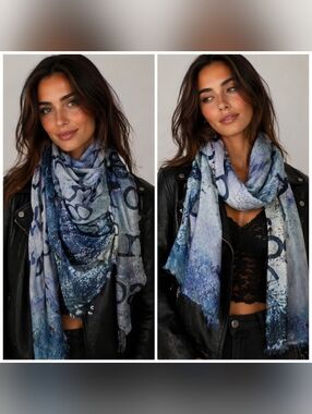 SUZI ROHER Text Print Fringed Scarf in Blue and Gray